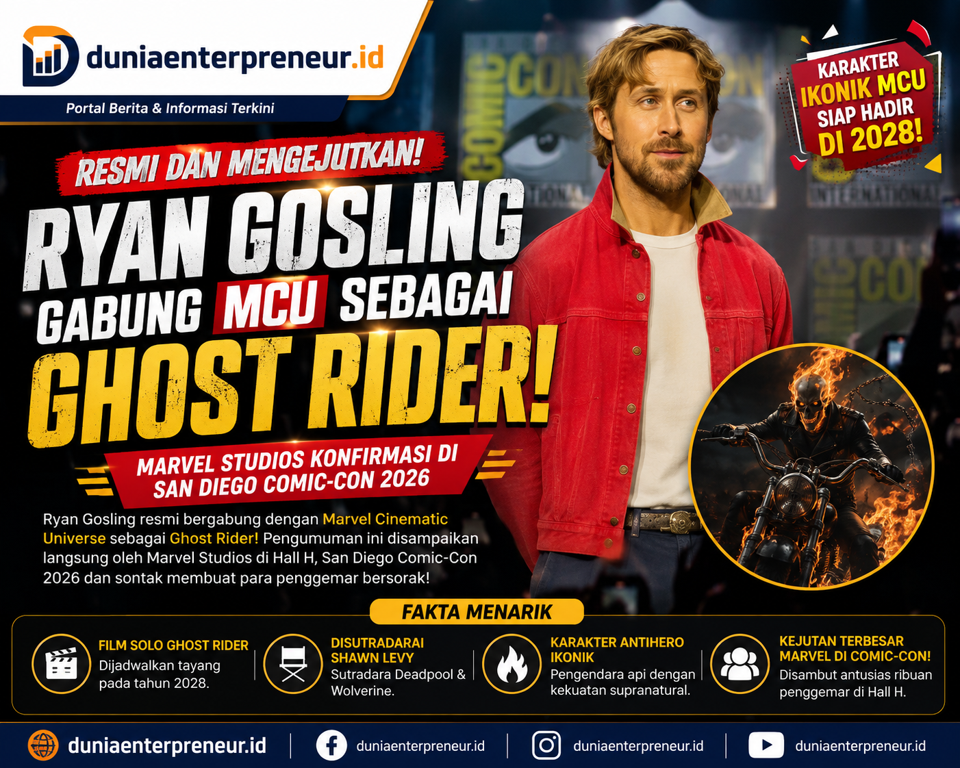 Ryan Gosling Resmi Jadi Ghost Rider di MCU, Marvel Studios Akhirnya Akhiri Spekulasi Penggemar