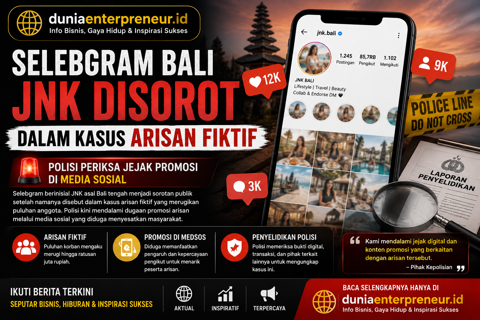 Selebgram Bali JNK Disorot dalam Kasus Arisan Fiktif Rp71 Miliar, Polisi Periksa Jejak Promosi di Media Sosial