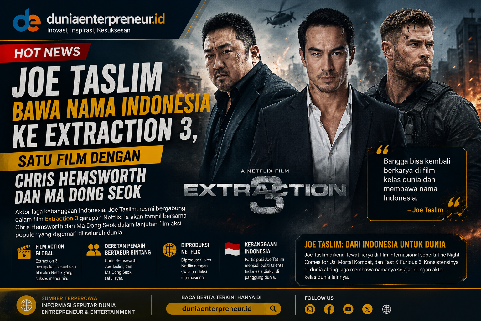 Joe Taslim Bawa Nama Indonesia ke Extraction 3, Satu Film dengan Chris Hemsworth dan Ma Dong Seok