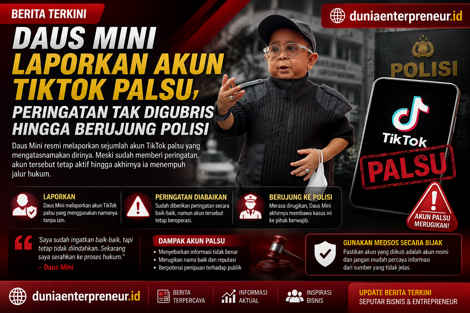 Daus Mini Laporkan Akun TikTok Palsu, Peringatan Tak Digubris hingga Berujung Polisi