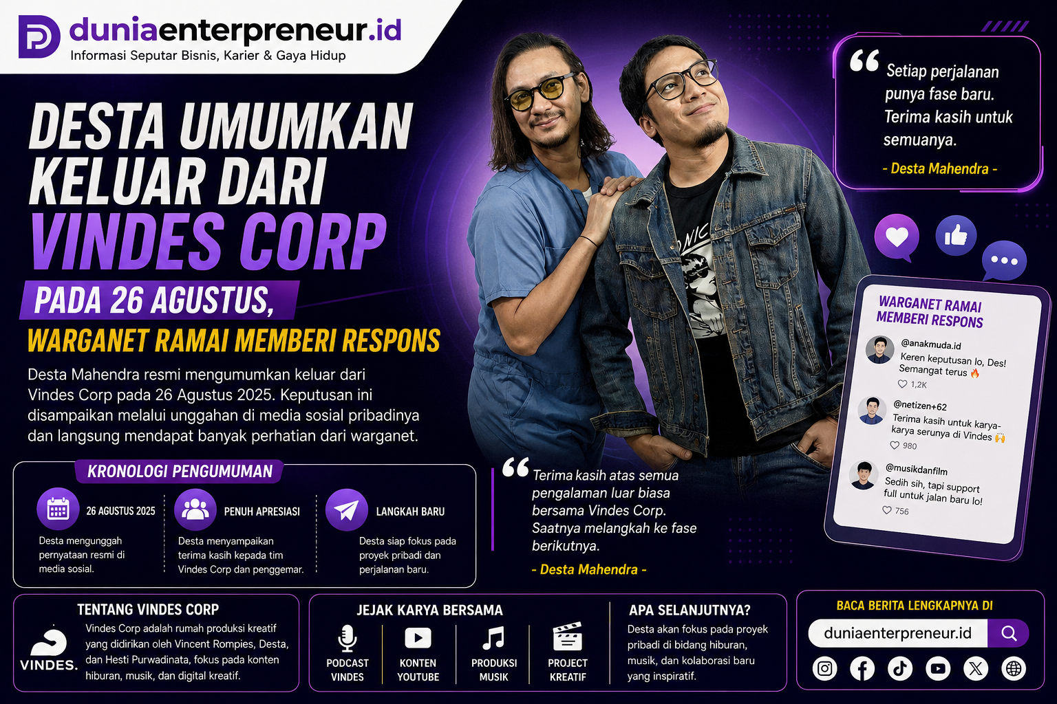 Desta Umumkan Keluar dari Vindes Corp pada 26 Agustus, Warganet Ramai Memberi Respons