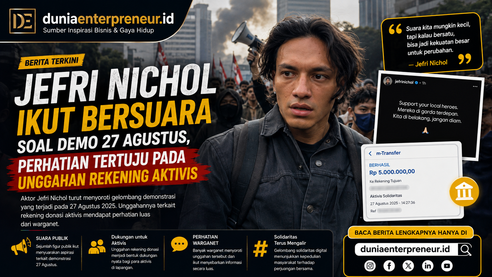 Jefri Nichol Ikut Bersuara soal Demo 27 Agustus, Perhatian Tertuju pada Unggahan Rekening Aktivis