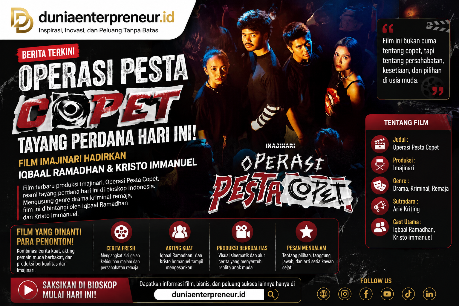 Operasi Pesta Copet Tayang Perdana Hari Ini, Film Imajinari Hadirkan Iqbaal Ramadhan dan Kristo Immanuel