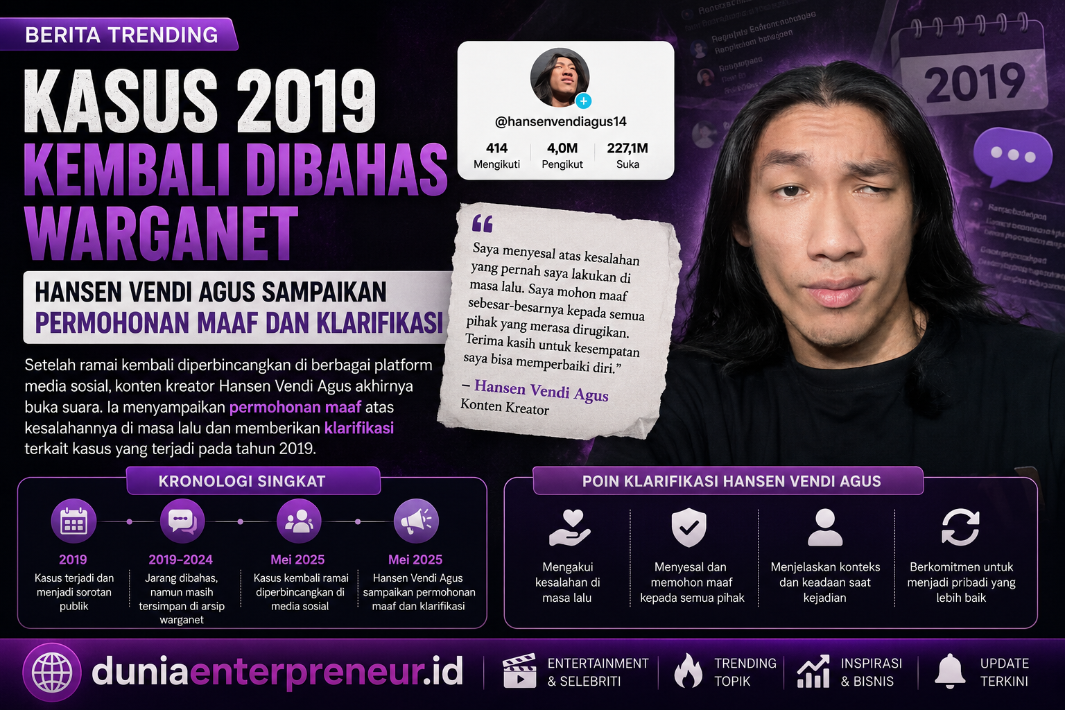 Kasus 2019 Kembali Dibahas Warganet, Hansen Vendi Agus Sampaikan Permohonan Maaf dan Klarifikasi