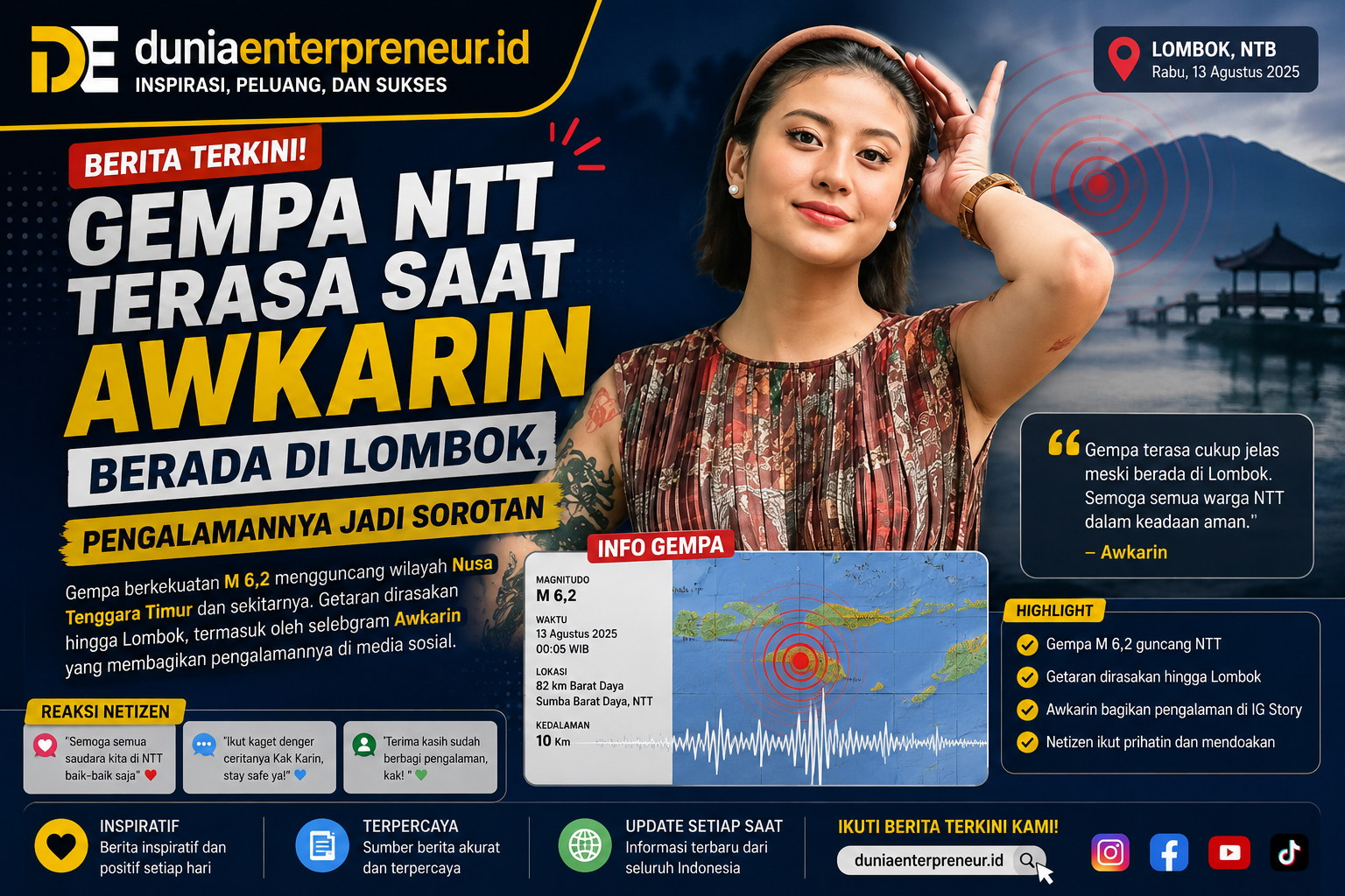 Gempa NTT Terasa Saat Awkarin Berada di Lombok, Pengalamannya Jadi Sorotan
