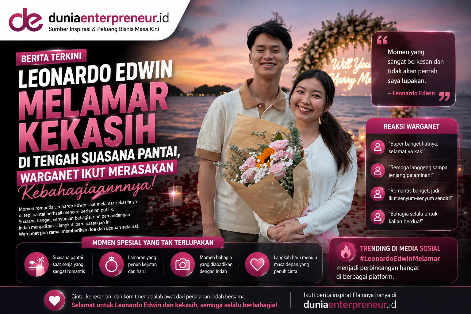 Leonardo Edwin Melamar Kekasih di Tengah Suasana Pantai, Warganet Ikut Merasakan Kebahagiaannya