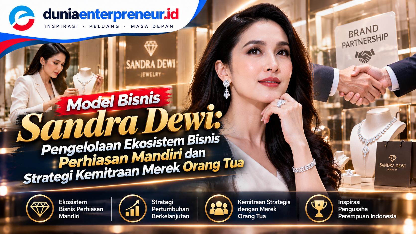 Model Bisnis Sandra Dewi: Pengelolaan Ekosistem Bisnis Perhiasan Mandiri dan Strategi Kemitraan Merek Orang Tua